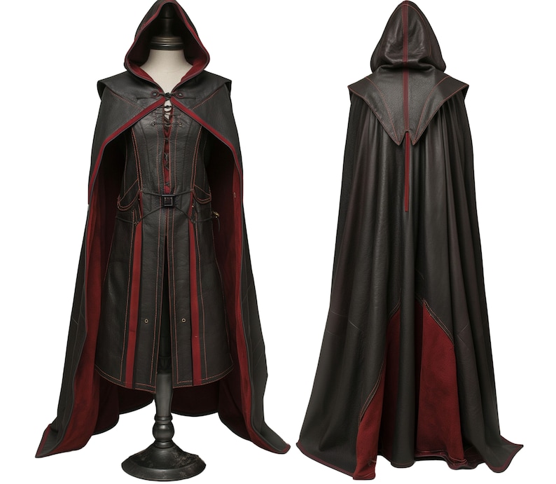 Handmade Red & Black Leather Medieval Hooded Cloak Leather Cloak With Suit For Cosplay Hooded Cloak Leather Gift For Men image 3