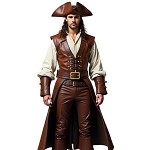 May include: A man wearing a brown leather pirate costume with a brown vest, a brown leather belt with a gold buckle, and a brown leather coat. He is wearing a white shirt and a brown hat with a gold trim.
