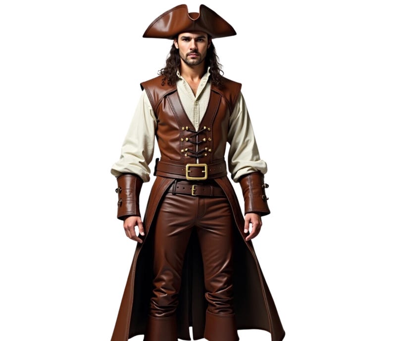 May include: A man wearing a brown leather pirate costume with a brown vest, a brown leather belt with a gold buckle, and a brown leather coat. He is wearing a white shirt and a brown hat with a gold trim.