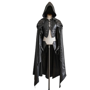 Black Leather Medieval Hooded Cloak: Dark Warden Viking Vest - Cosplay LARP Gothic