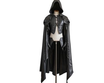 The Dark Warden – Pure Black Leather Medieval Hooded Cloak | Viking Cloak & Leather Vest for Cosplay, LARP, Gothic, Witch and Festival