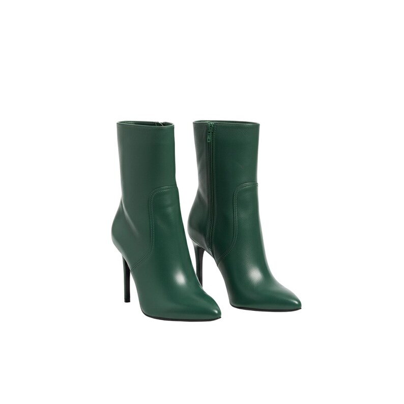 May include: A pair of emerald green ankle boots with stiletto heels. The boots have a pointed toe and a zipper closure on the side. The boots are made of a smooth, shiny material.