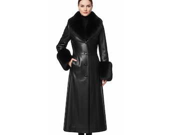 Handmade Black Leather Long Coat with Fur Collar – Womens Winter Fur Coat - Gothic Leather Fur Coat - Gift For Her