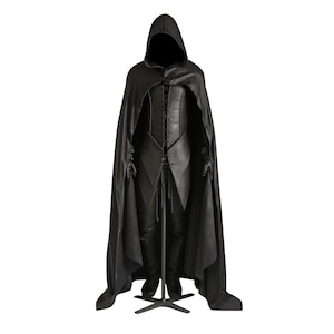 Genuine Black Leather Gothic Hooded Cloak: Silent Shadow Cosplay