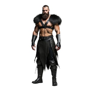 The Black Wolf of the North - Handmade Pure Black Leather Barbarian Fur Costume - Medieval Fur DnD Shoulder Harness With Kilt-LARP Cosplay