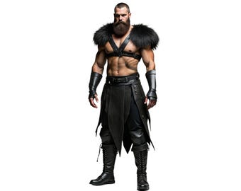 The Black Wolf of the North - Handmade Pure Black Leather Barbarian Fur Costume - Medieval Fur DnD Shoulder Harness With Kilt-LARP Cosplay