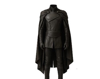May include: A black costume with a high collar, cape, and fitted pants. The outfit includes gloves and boots, creating a cohesive, dark ensemble. The design features a tailored jacket with a belt.