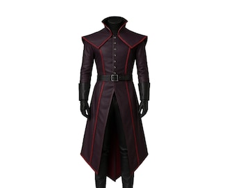 Gothic Maroon Leather Trench Coat with Red Trim - Men’s Vampire Cosplay Coat - Halloween Costume, Renaissance Fair Outfit