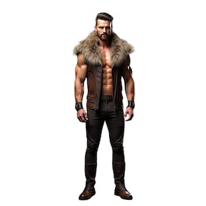 May include: A brown leather vest with a faux fur collar. The vest has a zipper closure and two pockets. The model is wearing dark wash jeans and brown boots.