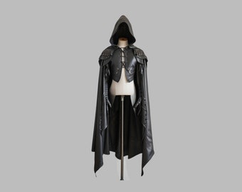 Pure Black Leather Medieval Hooded Cloak - Leather Cloak With Vest For Cosplay - Hooded Cloak Leather Gift For Men