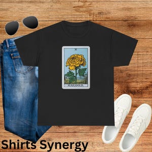 Camiseta unisex de algodón grueso con carta del tarot de Marigold vintage, camiseta bohemia para amantes de los jardines, regalo de cumpleaños, moda ecológica, ropa espiritual