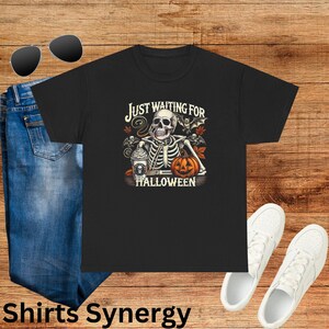 Just waiting for Halloween Spooky Skeleton Halloween, Unisex Heavy Cotton T-Shirt, Halloween Costume, Fall Fashion, Casual Halloween Shirt