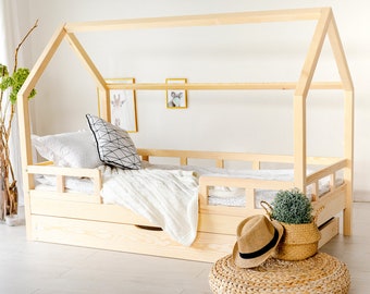 House Bed Frame Slats, Montessori, House bed with fall protection, children's bed, Kids House Bed, Montessori Bed, Wood Toddler Bed