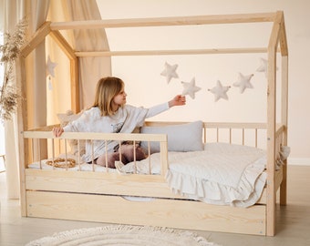 House Bed Frame Slats, Montessori, Toddler Furniture, Indoor playhouse, Nursery decor, Kid play room, Wood Platform bed