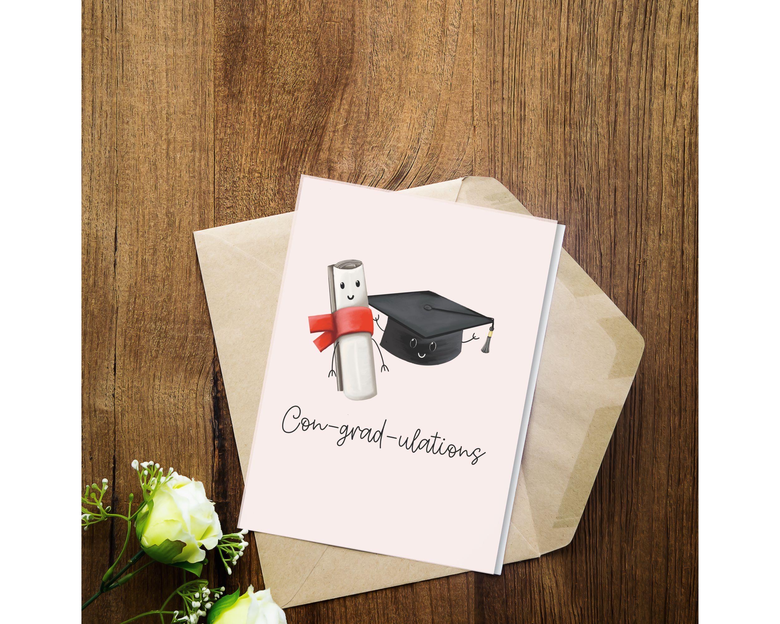Graduation Card Printable | Con-grad-ulations Funny Digital Card | Cute Diploma & Cap Illustration | Instant Download | Grad Gift Idea