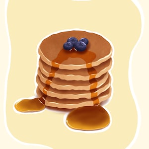 Può includere: Illustrazione di una pila di pancake con sciroppo e mirtilli. I pancake sono marroni dorati, con lo sciroppo che cola lungo i lati e si accumula alla base. Un gruppo di mirtilli freschi sovrasta la pila, su uno sfondo giallo chiaro.