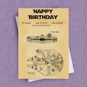 Carte d'anniversaire Star Wars, personnalisable à l'intérieur, cette carte du brevet Millennium Falcon, parfaite pour un mari, un petit ami ou un fan