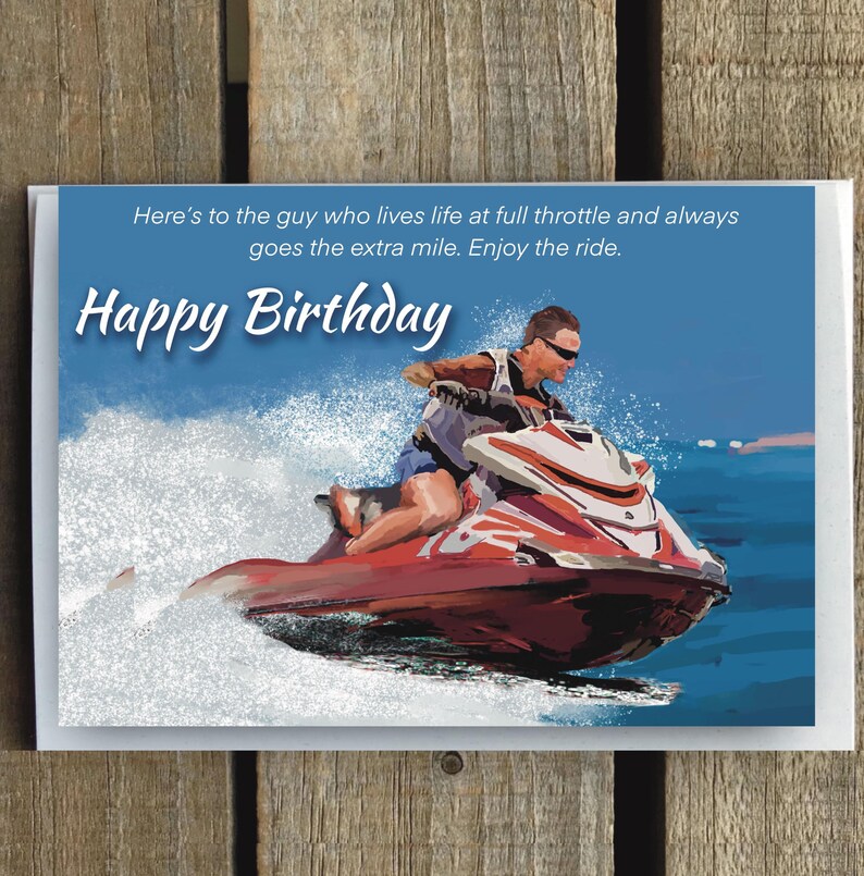 K&ouml;nnte beinhalten: Geburtstagskarte mit einer Aquarellillustration einer Person auf einem rot-wei&szlig;en Jetski. Die Karte enth&auml;lt den Text "Happy Birthday" und eine Botschaft &uuml;ber das Leben.