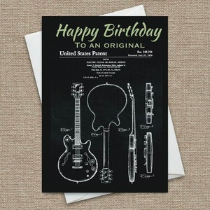 Carte d'anniversaire guitare, personnalisez cette guitare électrique avec impression brevet, parfaite pour le guitariste ou le musicien de votre vie.