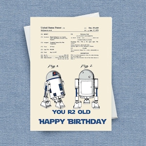 Carte d'anniversaire Star Wars, personnalisez cette impression brevet R2D2 amusante, c'est une carte d'anniversaire parfaite pour tout fan de Star Wars ou de R2D2