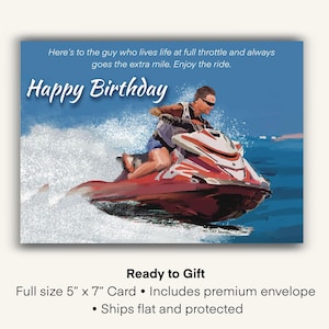 K&ouml;nnte beinhalten: Geburtstagskarte mit einer Illustration einer Person auf einem rot-wei&szlig;en Jetski auf blauem Wasser. Die Karte tr&auml;gt die Aufschrift "Happy Birthday" und den Text: "Here's to the guy who lives life at full throttle and always goes the extra mile. Enjoy the ride."