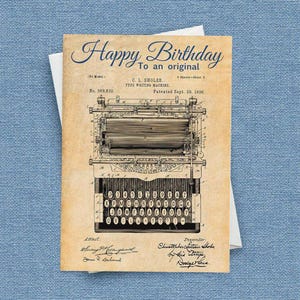 Carte d'anniversaire pour machine à écrire, à personnaliser à l'intérieur de cette impression de brevet est une excellente carte ou cadeau pour un écrivain, un auteur, un amateur de livres ou un enseignant
