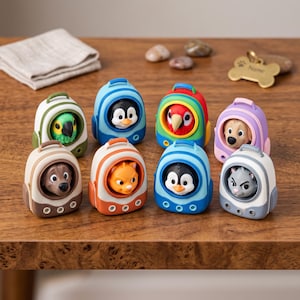May include: A collection of eight miniature animal figurines, each housed inside a small, colourful, rounded backpack-style carrier. The set includes various pets like dogs, cats, birds, and penguins, each with distinct colours and facial expressions.