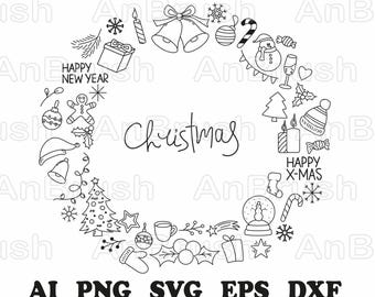Cute Christmas Doodle, Set of Christmas Clipart PNG,  Doodles, Line-art, Cartoon, cut file cricut, Christmas vector, Christmas png