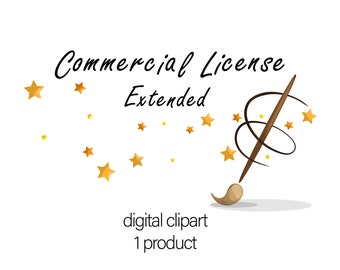 Puede incluir: Gráfico de licencia comercial extendida con un pincel marrón y estrellas doradas sobre un fondo blanco.