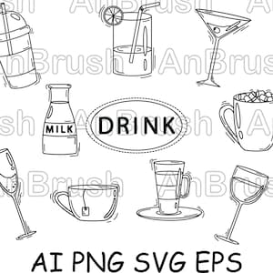 Könnte beinhalten: Eine Schwarzweiß-Zeichnung mit verschiedenen Getränken, darunter ein Glas Milch, ein Glas Saft, ein Glas Champagner, eine Tasse Tee, ein Glas Wein, eine Tasse heiße Schokolade und ein Martini-Glas. Der Text "DRINK" ist in einem Kreis in der Mitte des Bildes geschrieben.