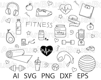 Fitness Doodle Clipart: Sportikoner SVG-paket (digital nedladdning)
