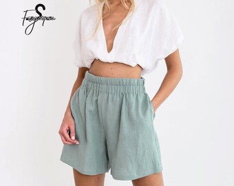 Vêtements faits main pour femme, shorts taille haute en lin, cadeau femme, shorts de plage d'été, shorts femme, shorts taille haute