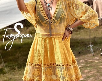 Handgefertigtes Boho Folk Western Top, Damenbluse aus gelber und roter Häkelspitze mit V-Ausschnitt, Einheitsgröße Medium bis XLarge