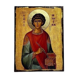 Icon of St. Panteleimon - Greek Orthodox handmade wooden icon, Byzantine icon, Orthodox wall art, Christian gift, Iconography