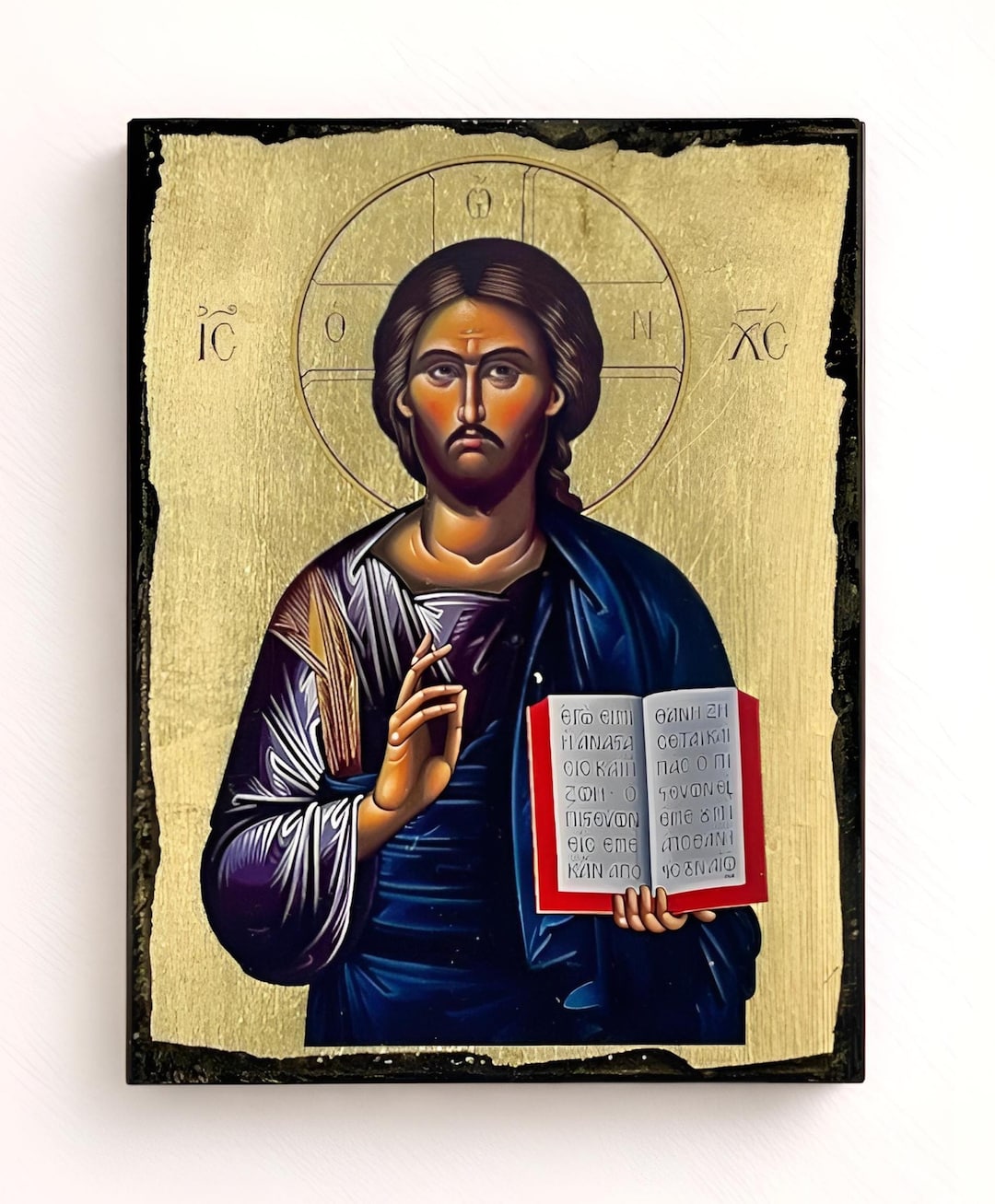 Jesus Christ Pantocrator Orthodox Icon, Gold Leaf, Cretan Style