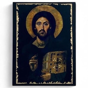 Jesus Christ Pantocrator Greek Orthodox Wooden Icon Byzantine Wall Art Christian Gift