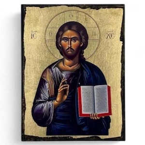 Jesus Christ Pantocrator Greek Orthodox Gold Leaf Wooden Icon Byzantine Wall Art Christian Gift