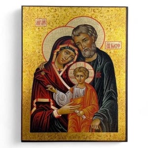 Grieks-orthodoxe heilige familie icoon – handgemaakt Byzantijns houten icoon voor gebedshoek, huisaltaar, christelijke muurkunst en cadeau