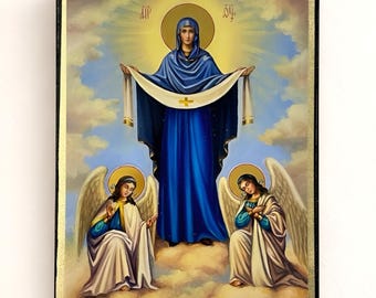 Icono ortodoxo de la Virgen María de la Intercesión con ángeles