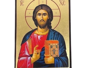 Jesus Christ Pantocrator Icon - Greek Orthodox handmade wooden icon, Byzantine icon, Orthodox wall art, Christian gift, Iconography