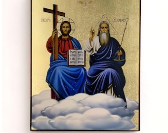 Holy Trinity Orthodox Icon with Gold Leaf, Father Son and Spirit