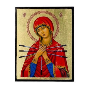 Icon of the Virgin Mary with seven swords - Greek Orthodox handmade wooden icon, Byzantine icon, Orthodox wall art, Christian gift