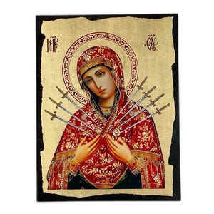 Icon of the Virgin Mary with seven swords - Greek Orthodox handmade wooden icon, Byzantine icon, Orthodox wall art, Christian gift
