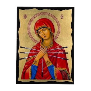 Icon of the Virgin Mary with seven swords - Greek Orthodox handmade wooden icon, Byzantine icon, Orthodox wall art, Christian gift