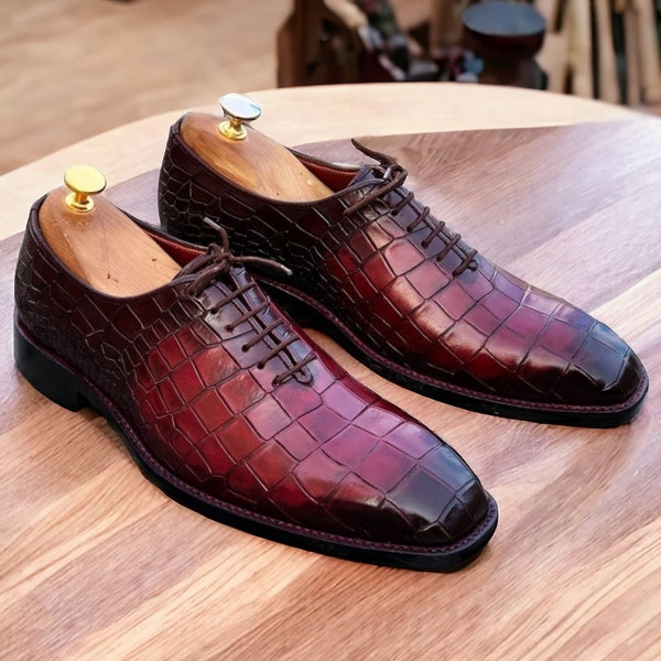 Burgundy Alligator Textured Handmade Leather Shoes for Men, Formal Lace up Shoes For Men