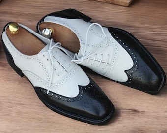 Black White Men's Handmade Leather Wing Tip Brogue Shoes, Handmade  Lace up Shoes for Men