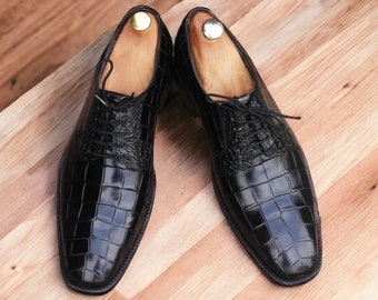 Black Alligator Textured Handmade Leather Shoes for Men, Formal Lace up Shoes For Men in Black