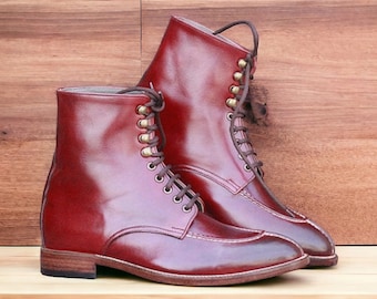 Burgundy Leather Split Toe Handmade Boots for Men, Men's Fashion Ankle Boots