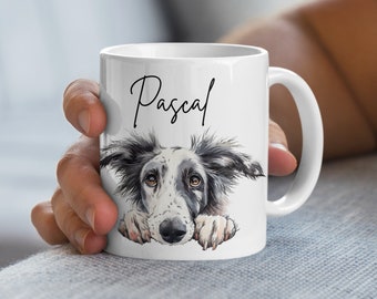 May include: White ceramic mug with a black and white illustration of a dog with the name "Pascal" written in black cursive.