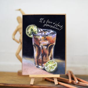Cartes de voeux cocktail à slogan « Il est cinq heures quelque part ! - Cartes de voeux vierges originales d'oeuvres d'art pastel de 7 x 5 pouces pour des occasions spéciales.
